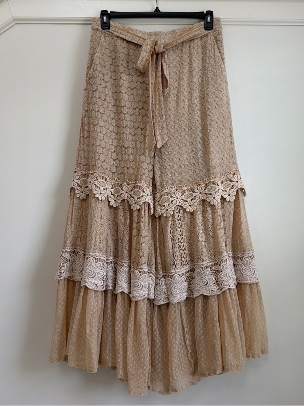 Young Threads Tan Crochet Lace Tiered Wide Leg Palazzo Pants XL NWT